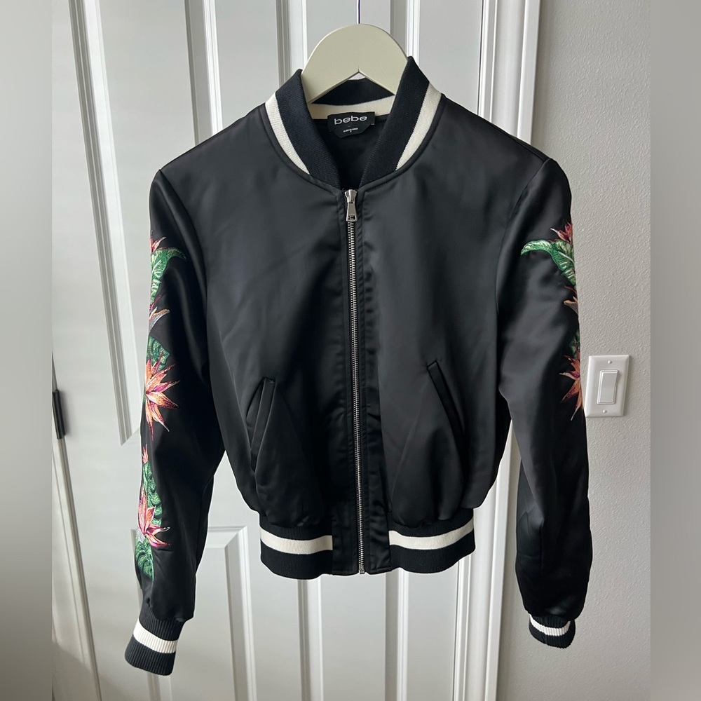 Bebe Black Bomber Jacket with Floral Embroidery